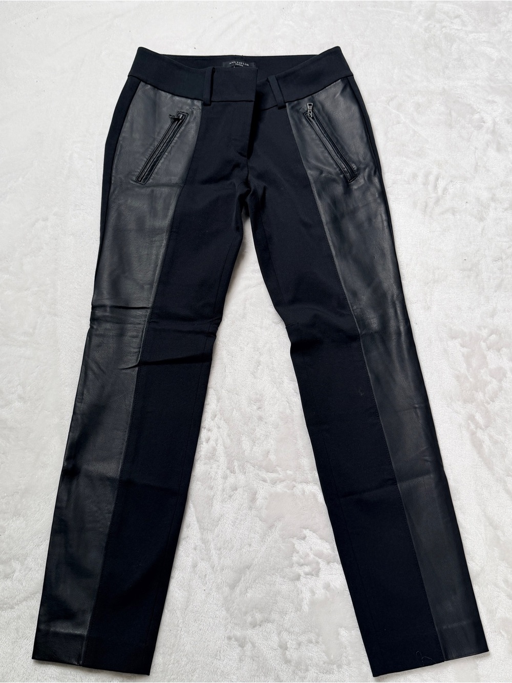 Ann Taylor Petite Black Trousers with faux leather panels. Edgy and chic twist